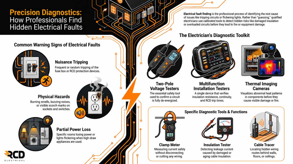 What tools are used for electrical fault finding infographic by RCD Electrical