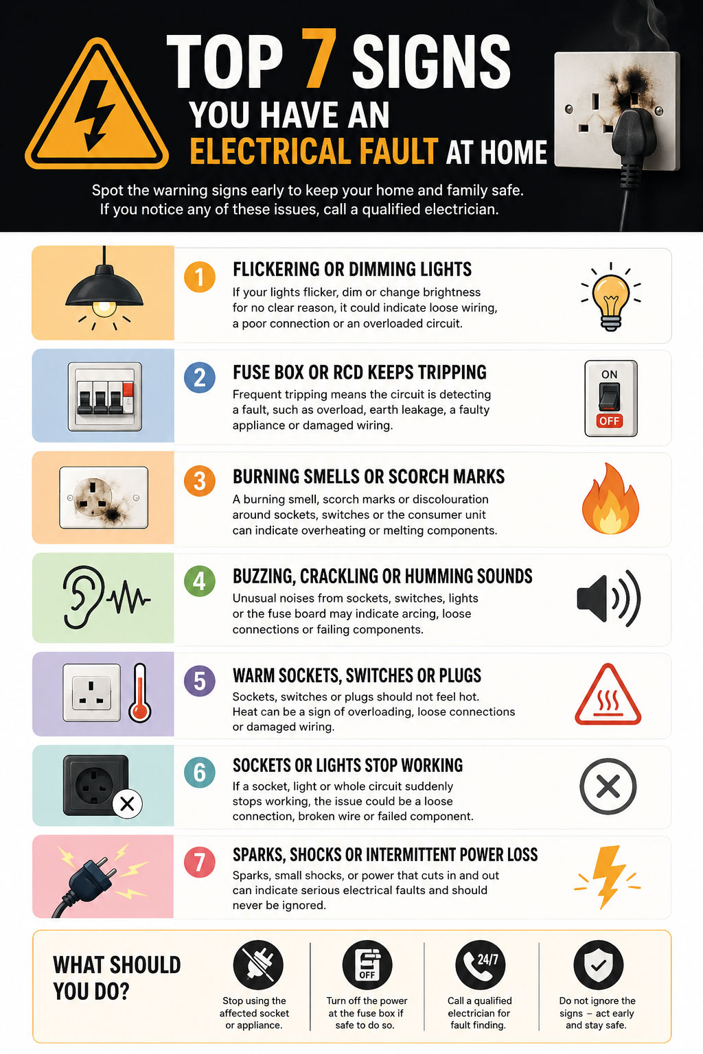 Top 7 signs you have an electrical fault at home infographic by RCD Electrical