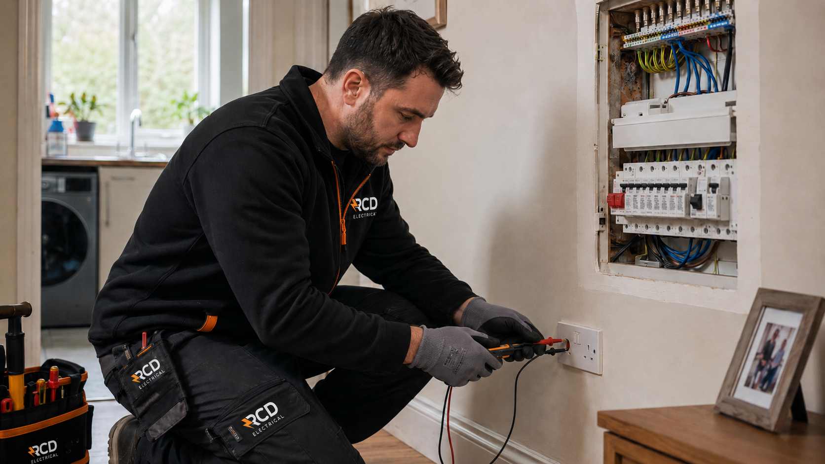 Homeowner checking a consumer unit after losing power at home