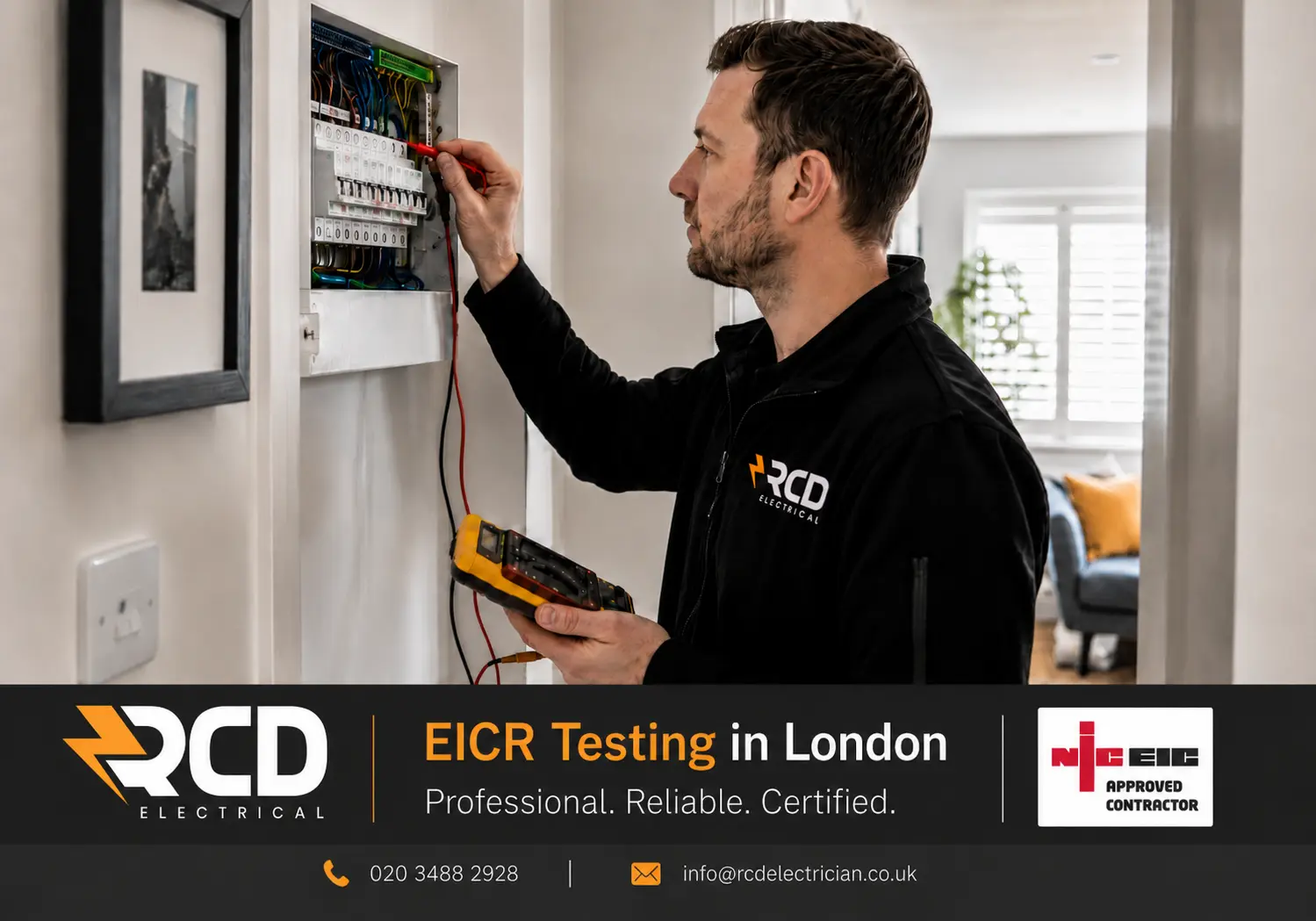 RCD Electrical electrician reviewing an existing electrical installation before rewiring work in London